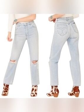 Rolla's Original Straight High Rise Jean Ripped Knees Rigid Denim Light Wash 27